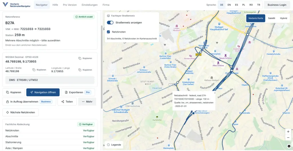 Netzknoten Navigator: Straßenpositionen finden, übersetzen und weitergeben 1 Vextario Netzknoten Navigator
